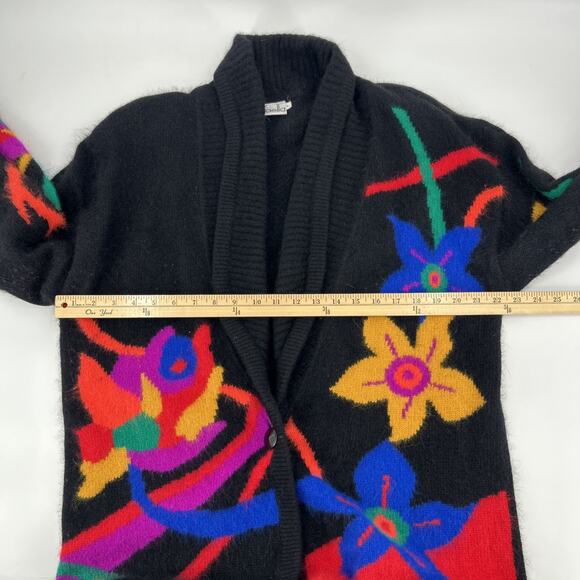 Vintage Rafaella Angora Cardigan Womens Size L Floral Graphic Black Vibrant 80s - Picture 8 of 10
